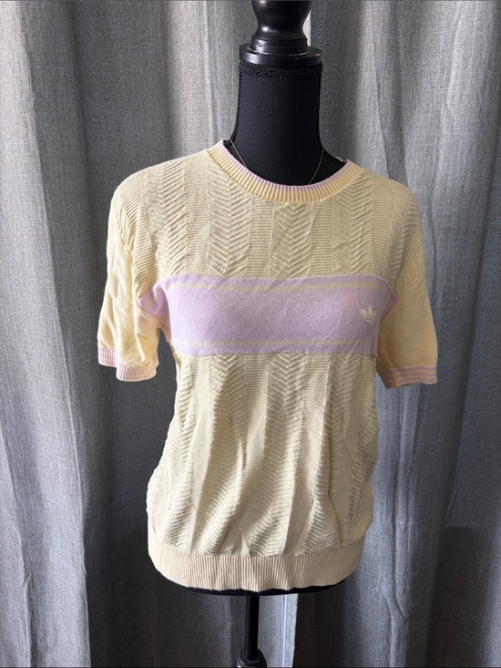 adidas Tops - adidas Pale Yellow Knit Tee with Lavender Chest Stripe